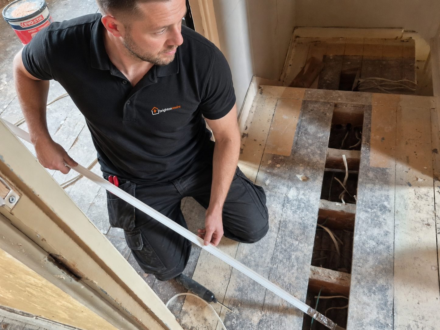 Electrician measuring conduit over an open floor